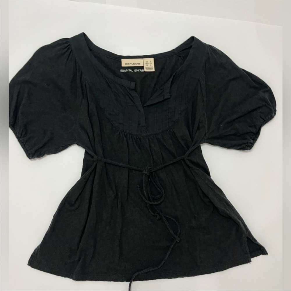Vintage Y2K DKNY Charcoal Women's Blouse with Tie Detail